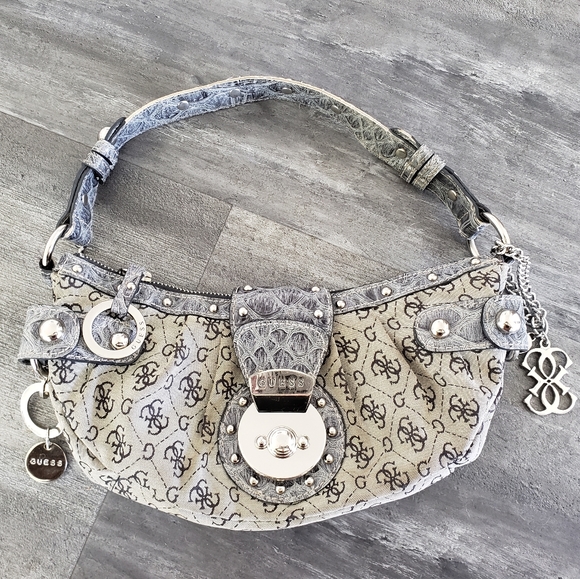 Guess Handbags - Blue Grey Monogrammed Guess Studded Sicily Handbag
